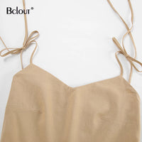 Bclout Fashion Brown Linen Long Dress Women 2024 Elegant Lace-Up Pockets A-Line Dresses Summer Sexy Backless Party Pleated Dress