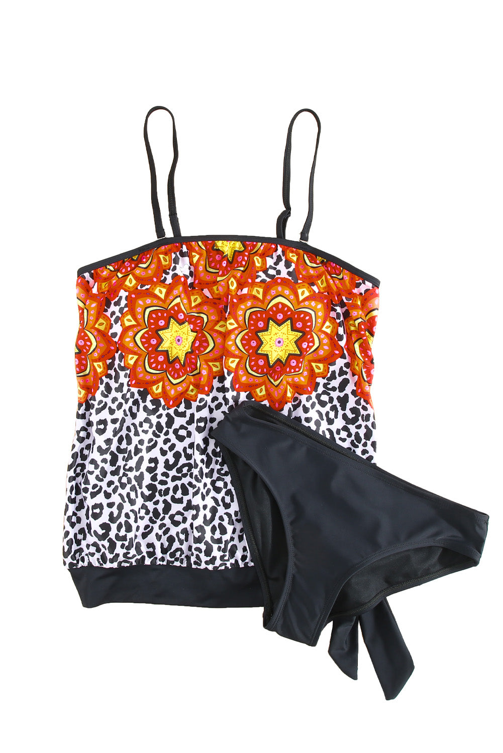 Retro Floral Leopard Pattern Strapless Tankini Set