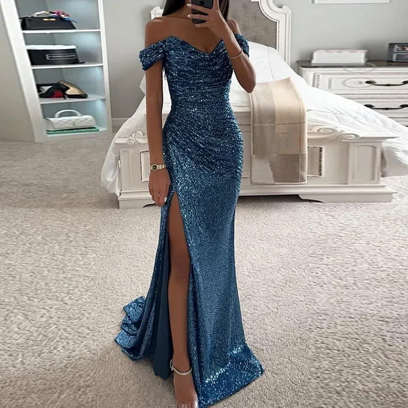 Women Mermaid Champagne Evening Maxi Dresses 2024 Elegant Off-Shoulder Sequin Split Prom Formal Gowns For Party Customized