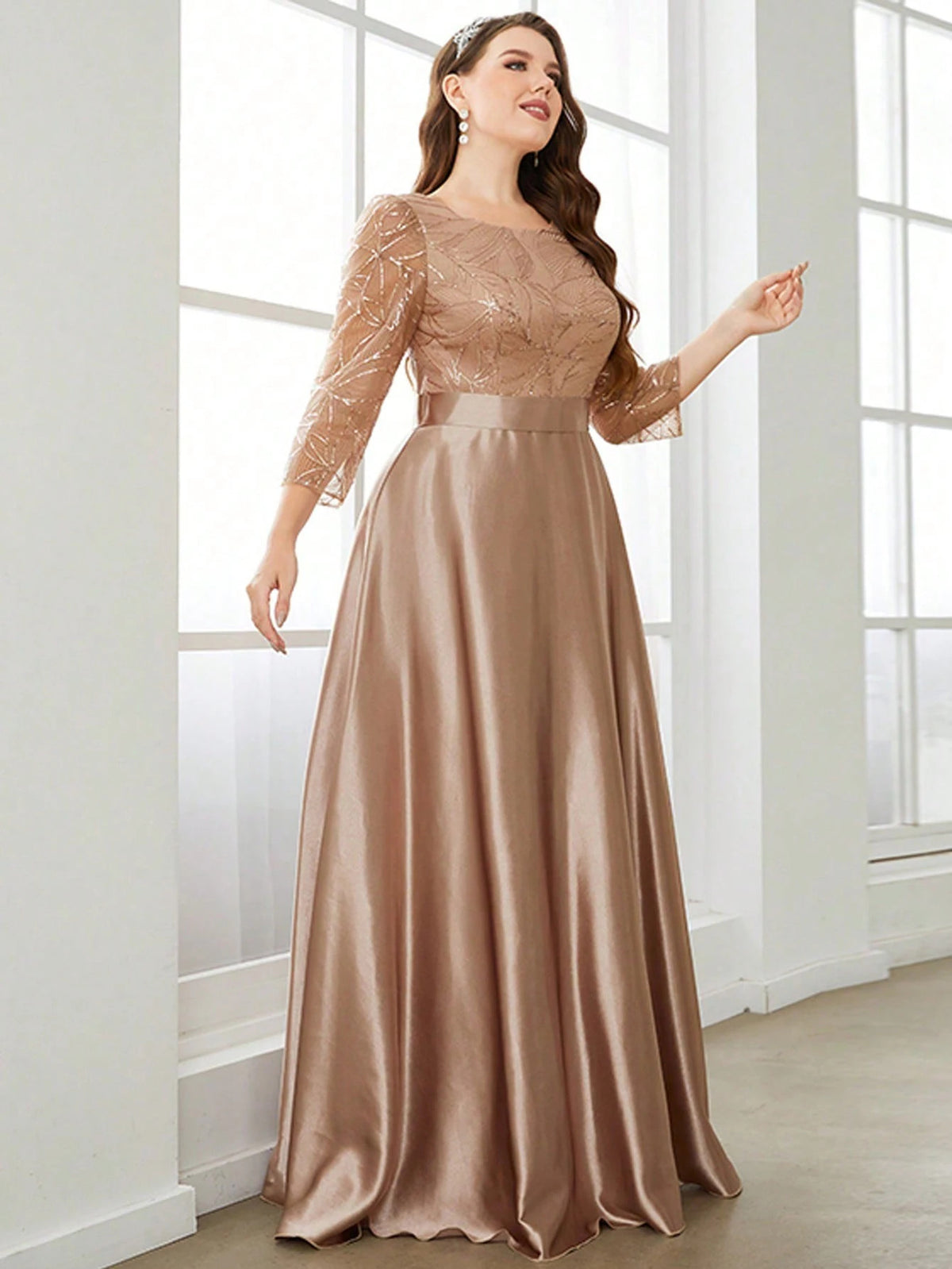 Mgiacy Crew neck long sleeve sequin patchwork satin long gown ball dress Party dress Bridesmaid dress