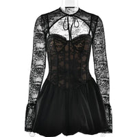 Mozision Black Lace Puffball Sexy Mini Dress For Women Fashion Lace-up Sheer Long Flare Sleeve High Waist Club Party Dress