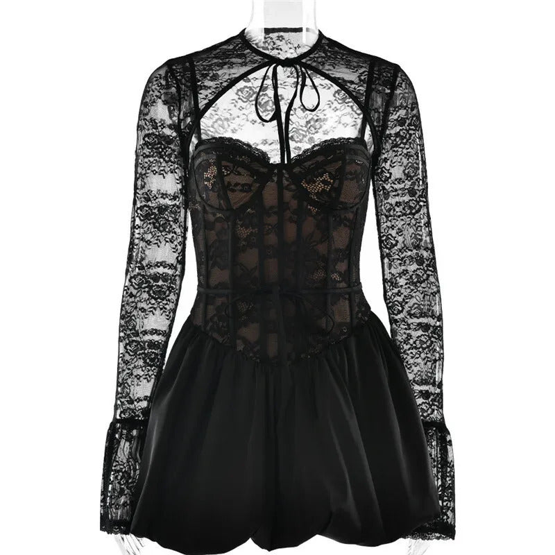 Mozision Black Lace Puffball Sexy Mini Dress For Women Fashion Lace-up Sheer Long Flare Sleeve High Waist Club Party Dress