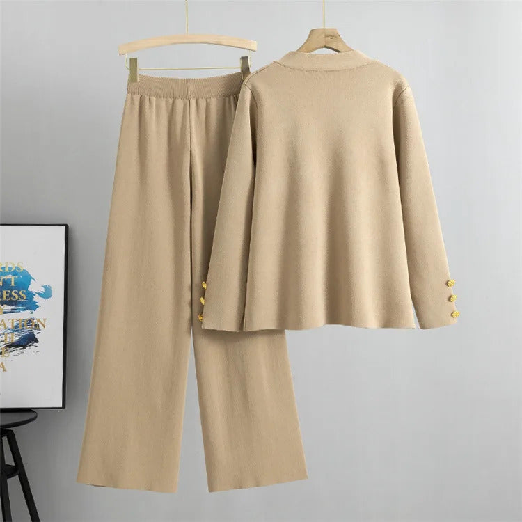 Fall Winter Women's Knit Sweater Sets Large Gold Button V-neck Cardigan Coats Conjunto High Waist Baggy 95cm Wide Leg Pants Suit