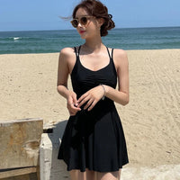 2024 New Korean One Piece Swimsuit Women Bathing Suit Solid Sexy Slip Dress Halter Bikini Set Hot Spring Swimwear