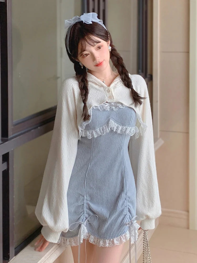 Lace Japanese Sweet Lolita Dress Women Bow Pink Kawaii Party Mini Dresses Female Blue Princess Korean Fashion Dresse Winter 2024