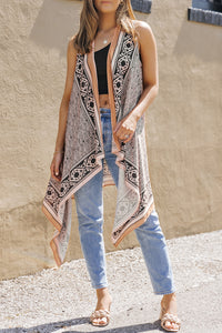 Khaki Western Fashion Print Sleeveless Kimono