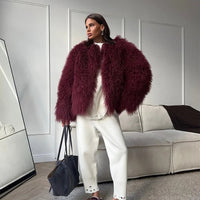 Burgundy Fluffy Faux Fur Warm Short Coat Lady Elegant Round Neck Long Sleeve Cardigan Jacket 2024 Women Winter Street Outerwear