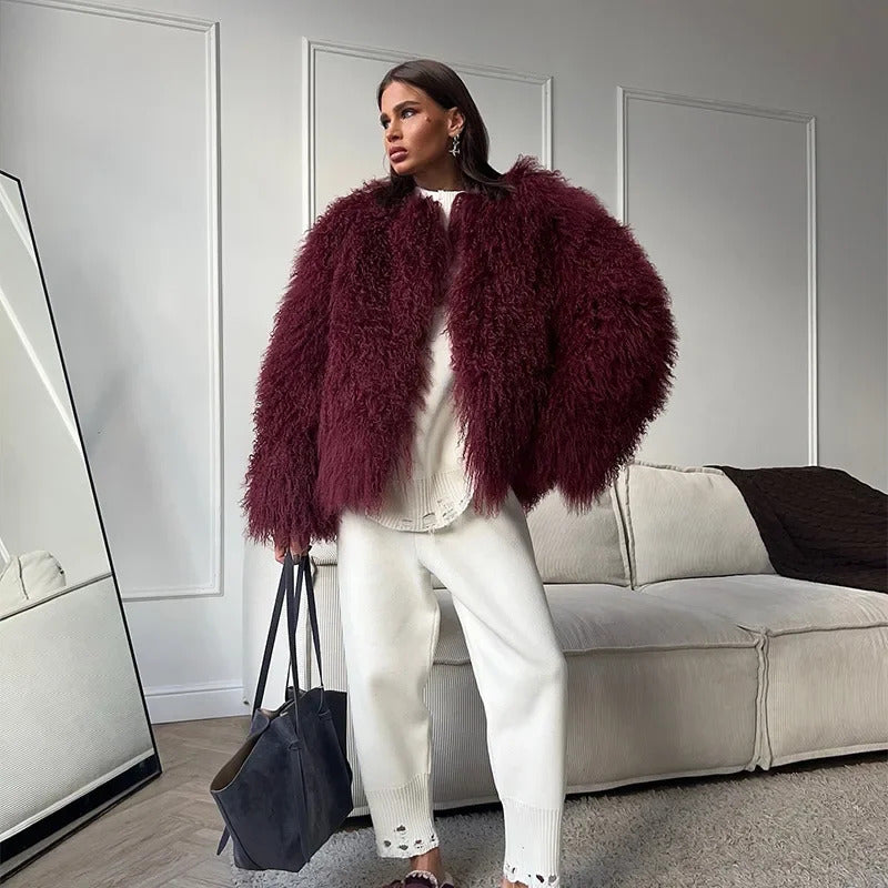 Burgundy Fluffy Faux Fur Warm Short Coat Lady Elegant Round Neck Long Sleeve Cardigan Jacket 2024 Women Winter Street Outerwear