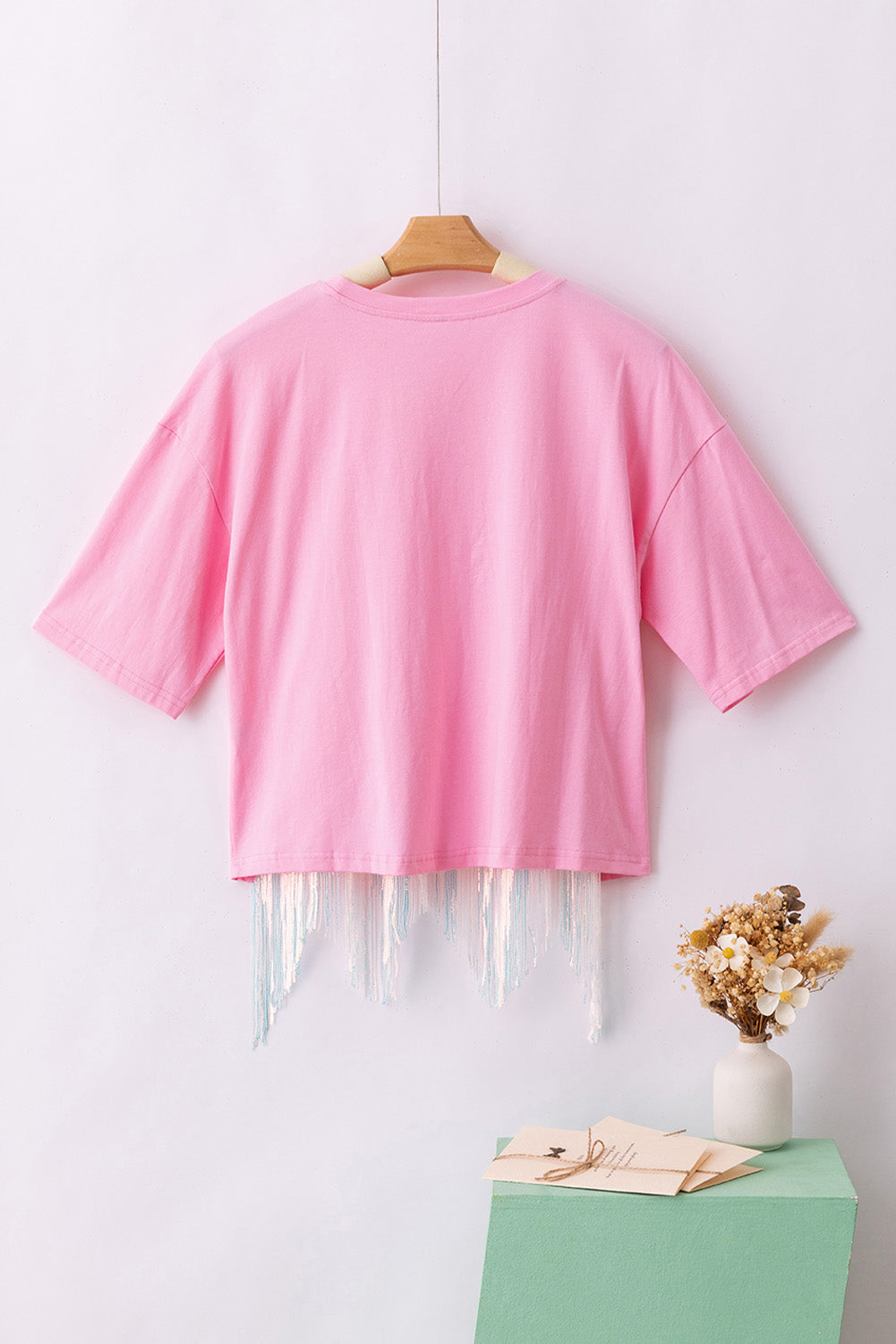 Pink Sequin Pattern Tassel Crew Neck Crop Top