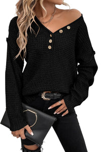 Black Pointelle Knit Button V Neck Drop Shoulder Sweater