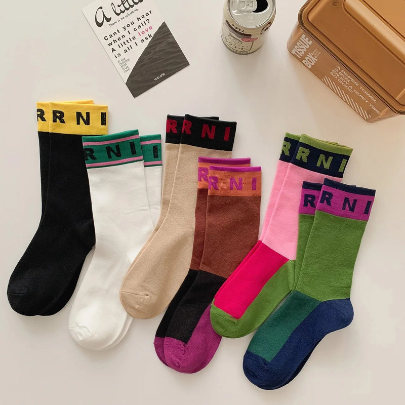 Contrast Color Socks Alphabet Print Sports Fashion Socks Pure Cotton Comfortable Soft Thin Breathable Casual