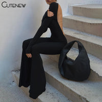 Cutenew Solid Black Sexy Backless Bodycon Wide Leg Jumpsuit Women Autumn Casual Slim Long Sleeve O-Neck Playsuit Lady Streetwear