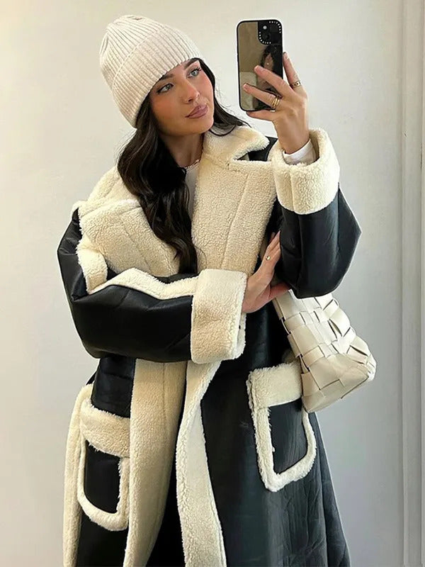 Chic Woman Contrast Lamb Woolen Warm Coat Versatile Loose Lapel Full Sleeve Pockets Long Jacket 2024 New Autumn Street Outerwear