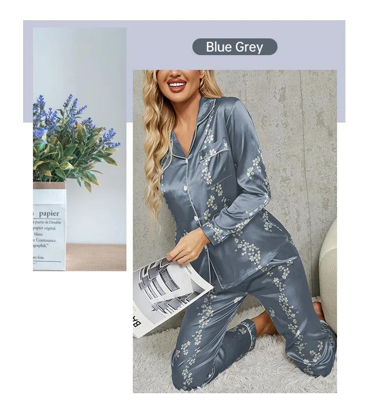 Pajamas Set Long Sleeve Sleepwear Women Button Down Nightwear Pj Sets Print Shirt with Trouser Loungewear Female Pyjamas Suits