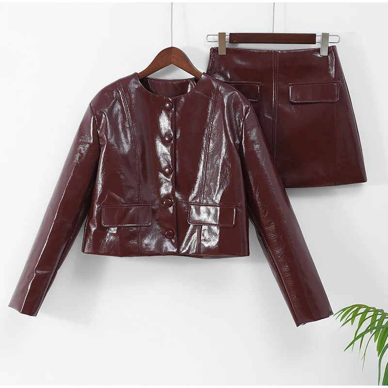 2024 Chic Burgundy Pu Leather Women's Mini Skirt Set Retro Slim Fit Lapel Single-breasted Jacket Suit Female High Street Outfits