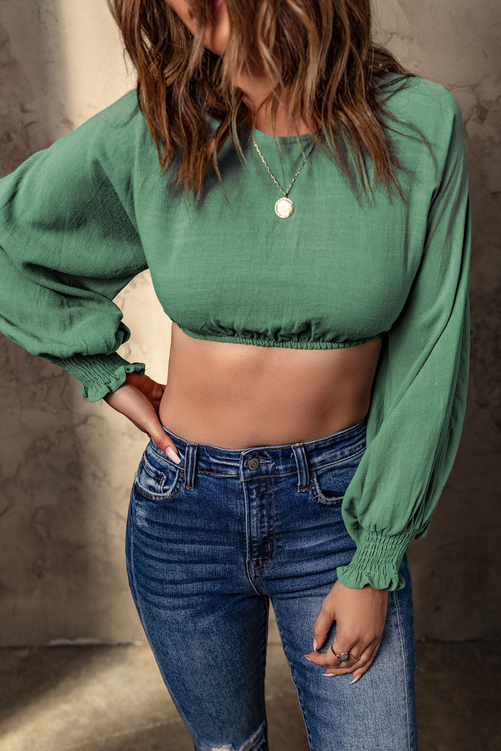 Green Bubble Sleeves Crop Top