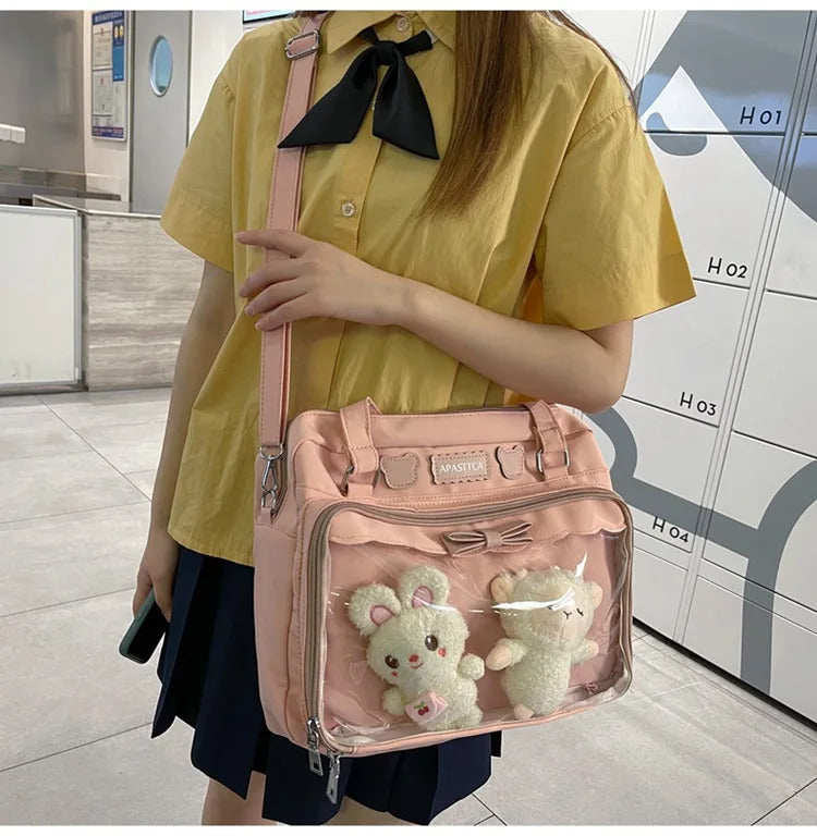 Japanese Cute Transparent Canvas Itabag Fashion Girls One Shoulder Bag Student Personality Crossbody Bag with Badge Doll Ita Bag