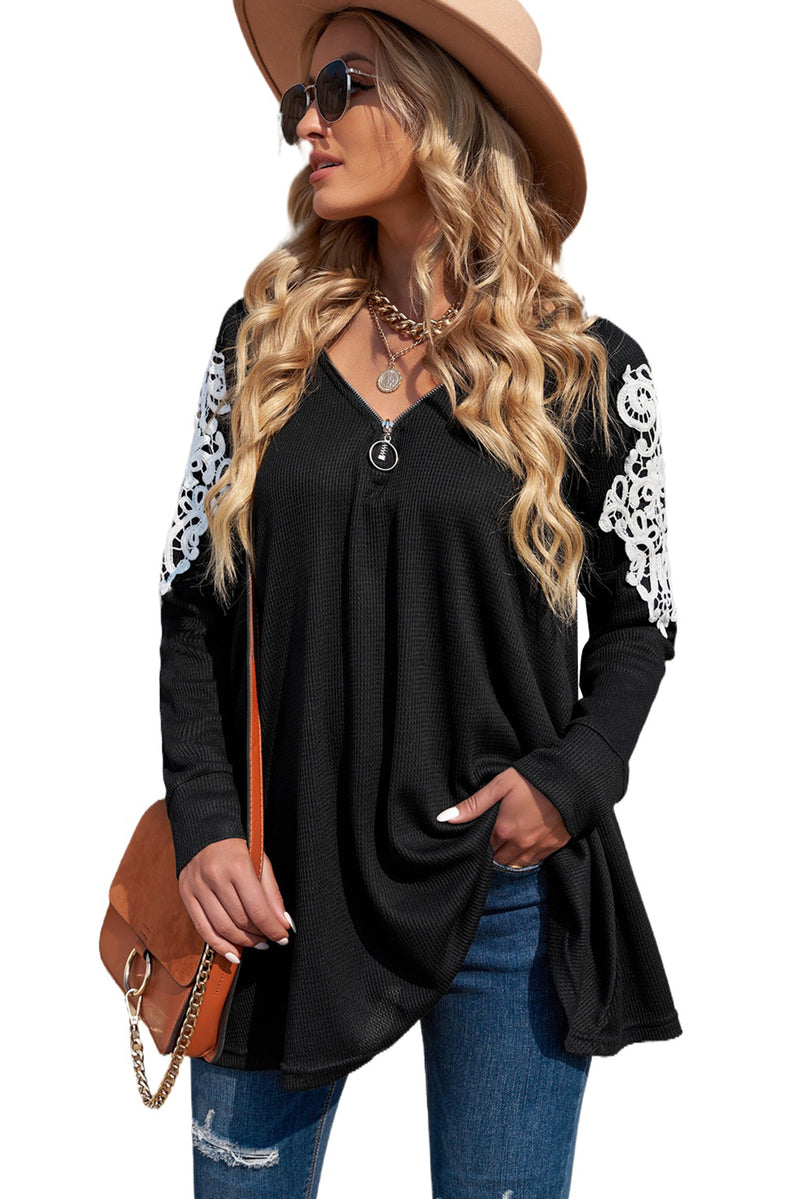 Zip V Neck Lace Patch Long Sleeve Tunic Top