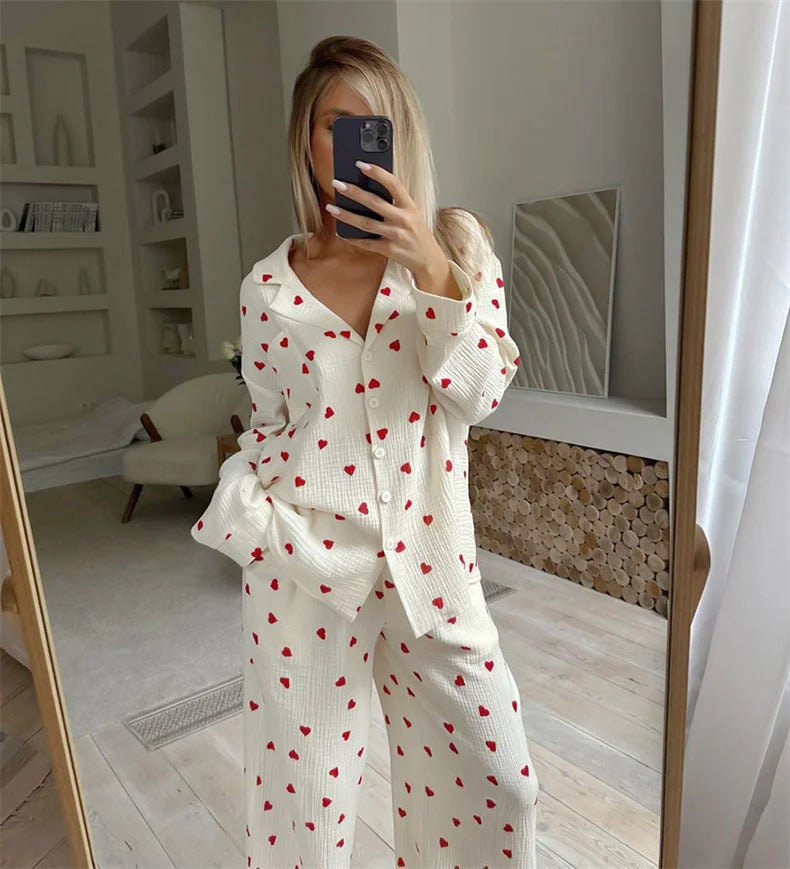 Summer New Love Heart Print Pyjama 100% Cotton Long Sleeve Set 2Pcs Outfit Lapel Sleepwear Button Down Women's Pajamas Nightwear