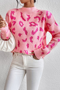 Bonbon Leopard Pattern Mock Neck Ribbed Trim Sweater