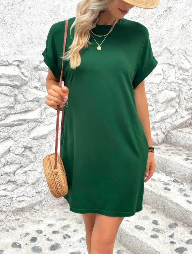 Pure Color Minimalist T-Shirt Short Dress Women Summer Round Neck Pocket Loose Dresses Robe