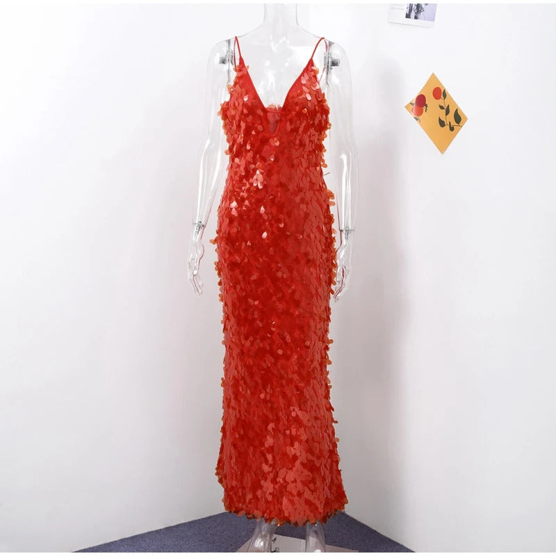 2024 Glitter Sequins Spaghetti Straps Women's Evening Dress Sleeveless Backless High Waist Floor Length Lady Birthday Party Gown