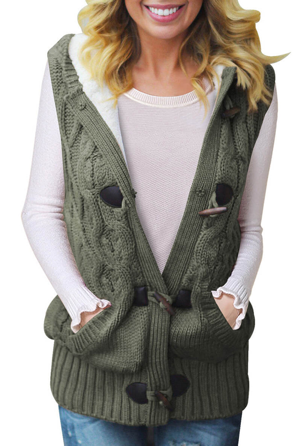 Green Cable Knit Hooded Sweater Vest