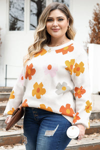 White Plus Size Flower Pattern Ribbed Trim Casual Sweater