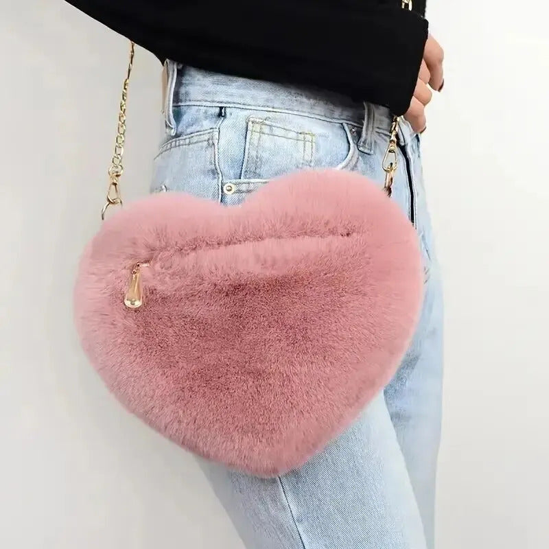 Heart Shaped Fluffy Shoulder Bag Fashion Chain Crossbody Bag Plush Handbag Cute Zipper Purse For Valentine's Day