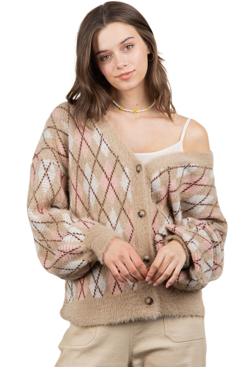 Multicolour Rhombus Pattern Knit Sweater Cardigan