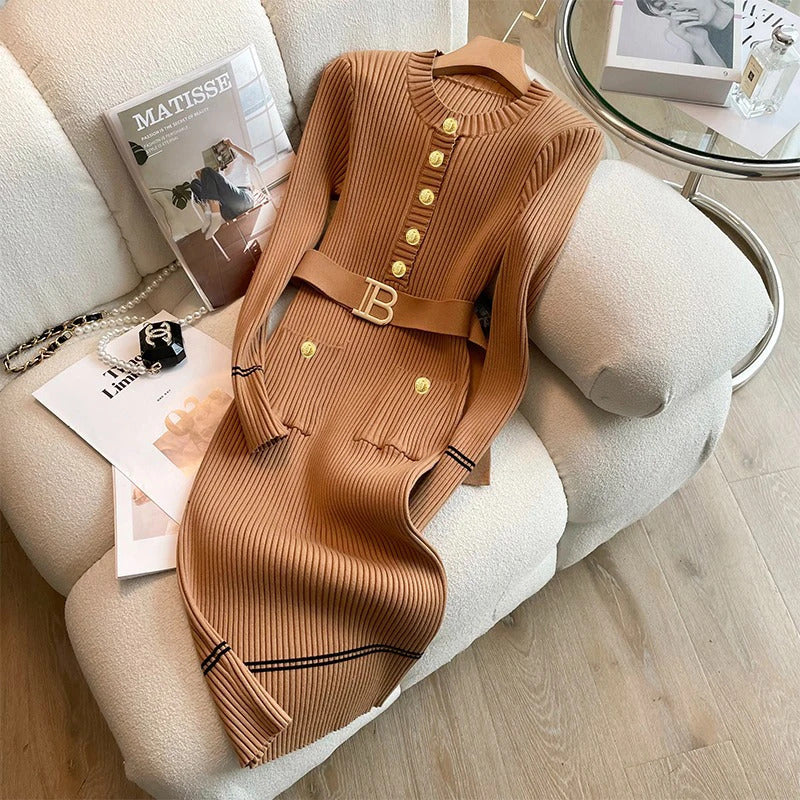 YuooMuoo 2024 Autumn Winter Women Knitted Dress Brand Fashion O-neck Buttons Bodycon Sweater Dress with Belt Lady Office Dress