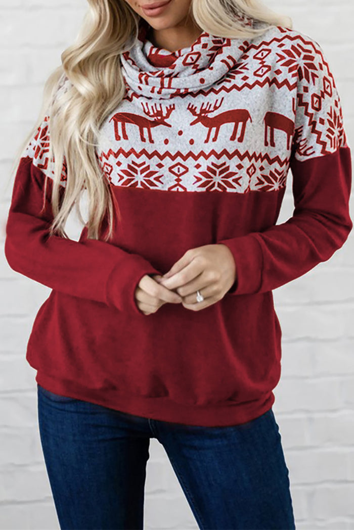 Burgundy Christmas Elk Print Cowl Neck Knit Top