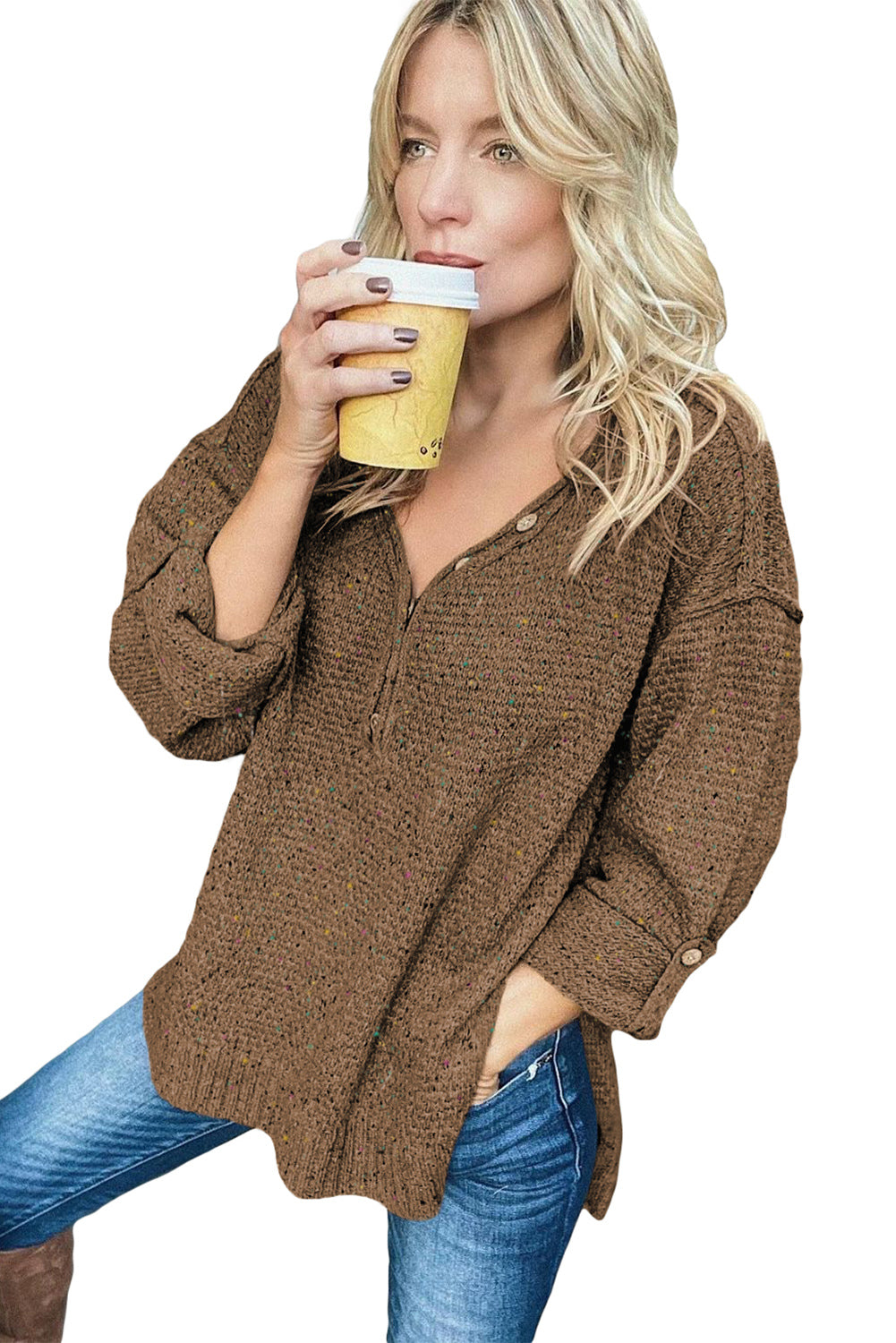 Brown Buttoned Drop Shoulder Knitted Sweater