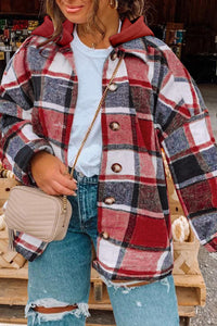 Red Printed Plus Size Plaid Button up Hooded Jacket