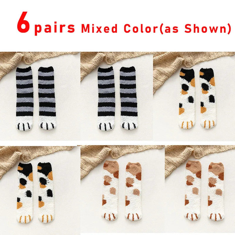 6 pairs Woman socks Set Cartoon Cute 3D Dog Cat Paw Pattern Winter Female Fleece Warm Home Floor Sleeping Thick Socks Wholesale