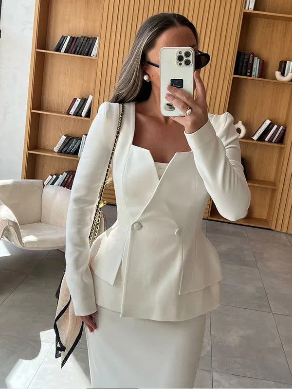 Elegant White Square Collar Long Sleeve High Waist Top Skirt Set Women Fashion Solid Slim Fit Suits 2025 Lady Chic Party Outfits