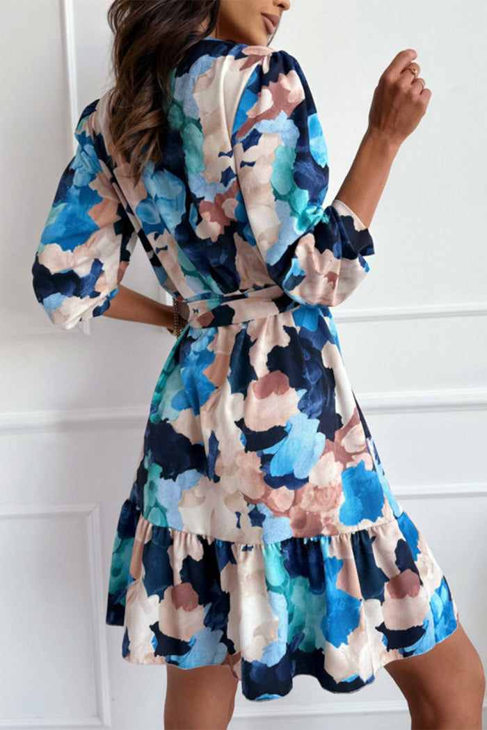 Abstract Floral Long Sleeve Tied Ruffle Dress