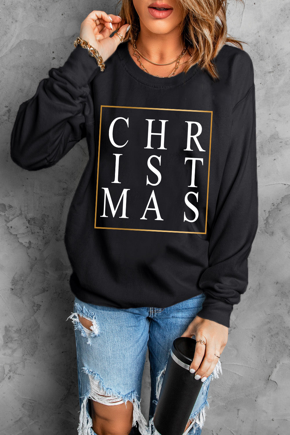 Black CHRISTMAS Glitter Print Crew Neck Sweatshirt