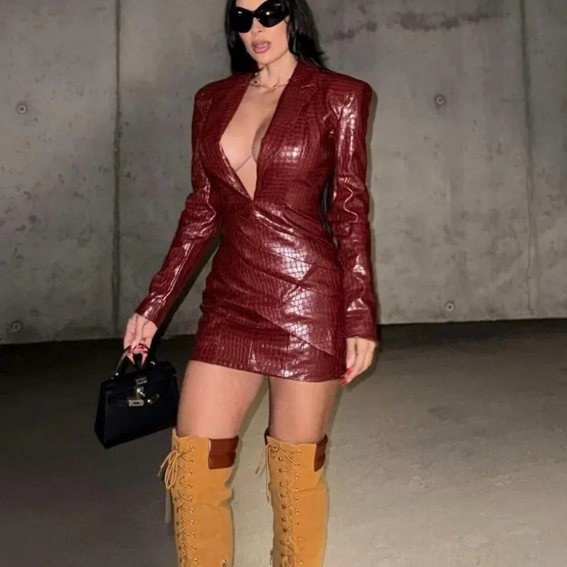 Sexy Deep V Neck Burgundy Leather Dress Women Long Sleeve High Waist Fold Slim Mini Dresses 2024 New Lady Highstreet A-line Robe