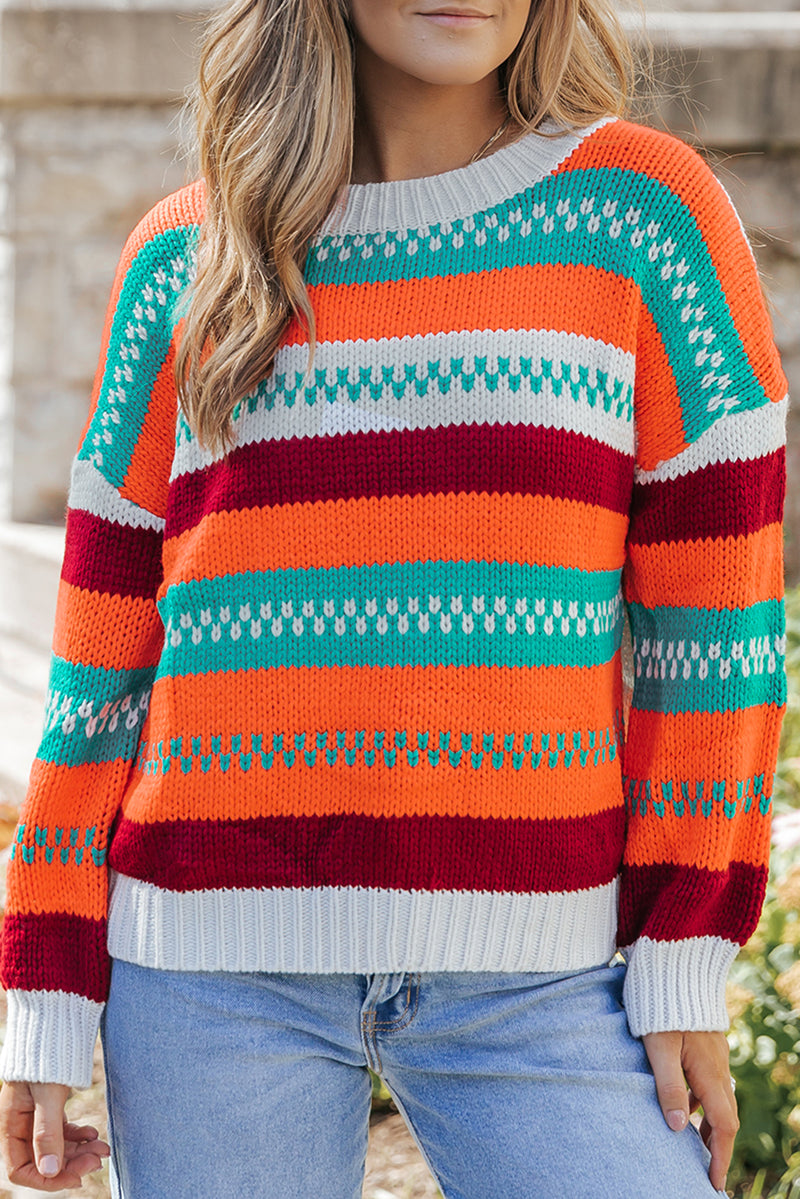 Multicolor Color Block Striped Loose Sleeve Sweater