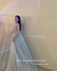 XPAY Simple Dusty Blue Soft Tulle Korea Prom Dresses Customised Strapless Lace Up Evening Gowns Wedding Photo shoot Floor Length