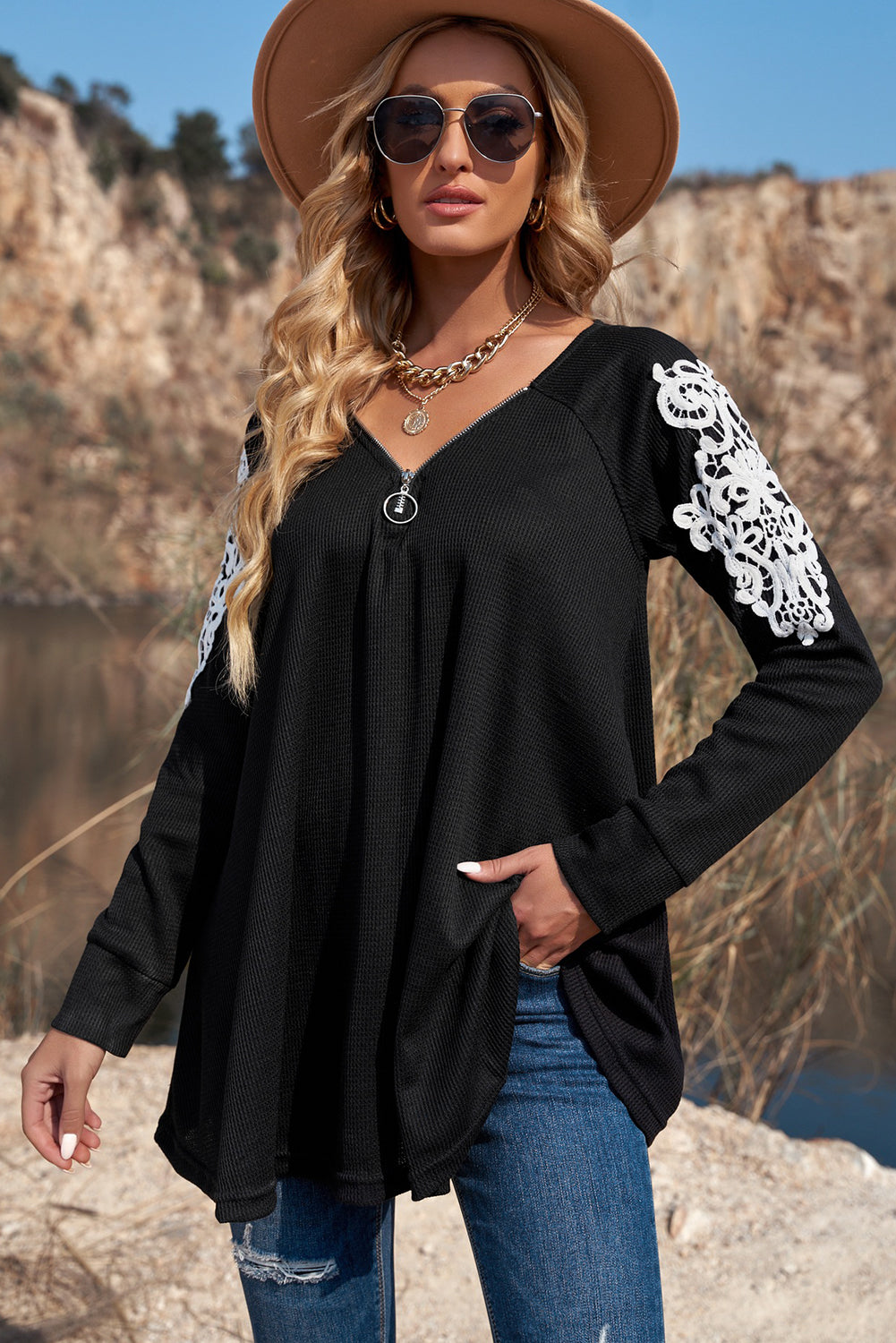 Zip V Neck Lace Patch Long Sleeve Tunic Top