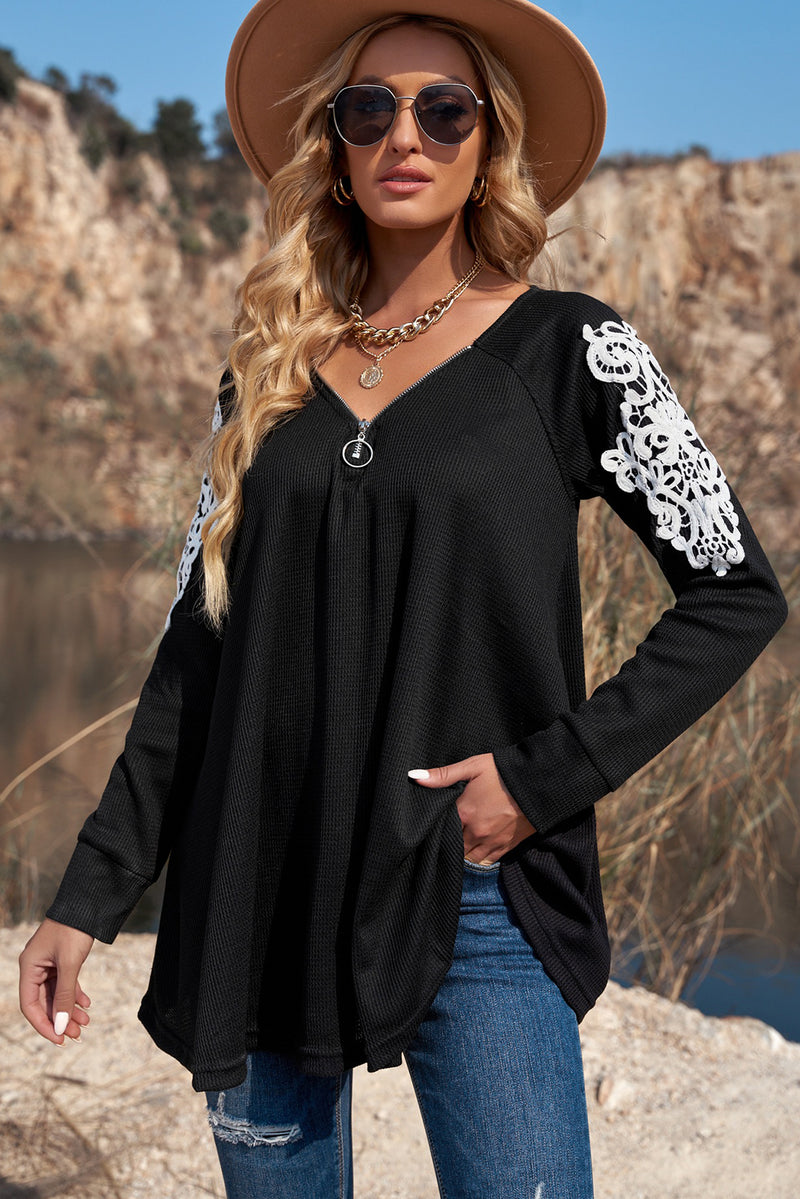 Zip V Neck Lace Patch Long Sleeve Tunic Top