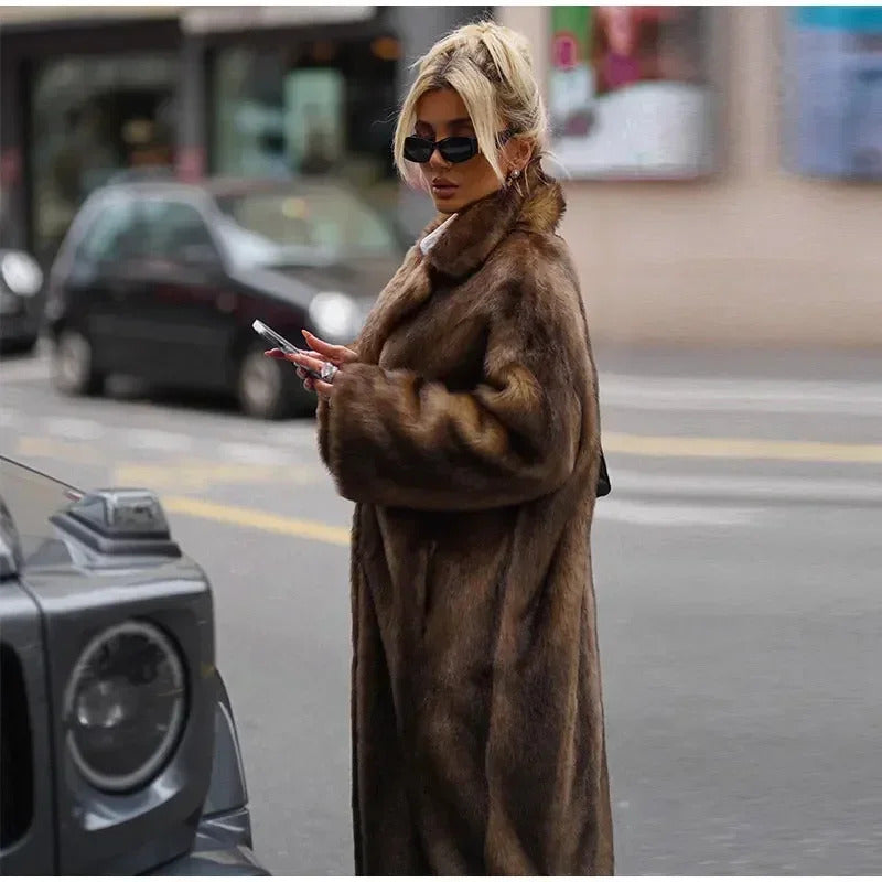 Women's Dark Brown Faux Fur Warm Long Coat Single Breasted Oversized Thickened Overcoat Winter Fluffy Plush Female Outerwear