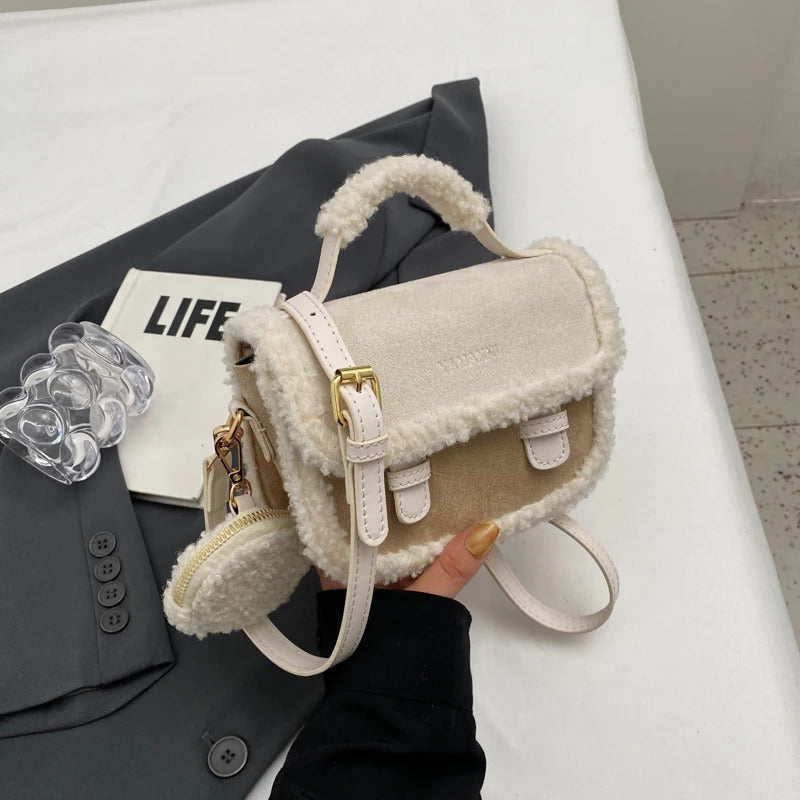 2023 Winter New Women's Plush Small Square Bag Color Contrast Design Single Shoulder Crossbody Bag Brown Handbag