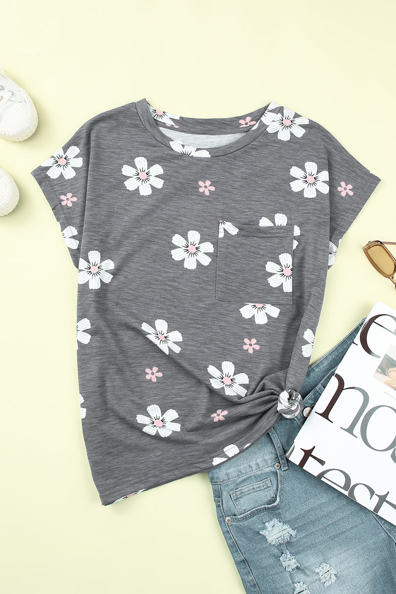 Gray Floral Cap Sleeve T-Shirt with Pocket