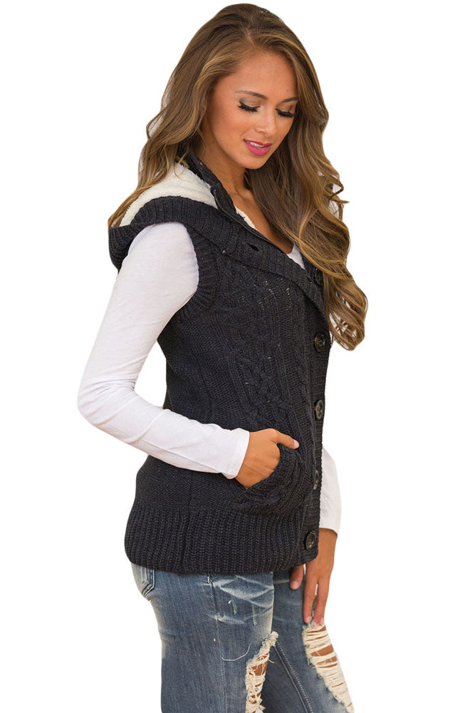 Black Cable Knit Hooded Sweater Vest