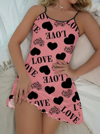 1 Piece Casual & Comfy Heart & Letter Print Nightdress, Lettuce Trim Sexy Slip Short Nightdress, Women's Sleepwear & Dresses