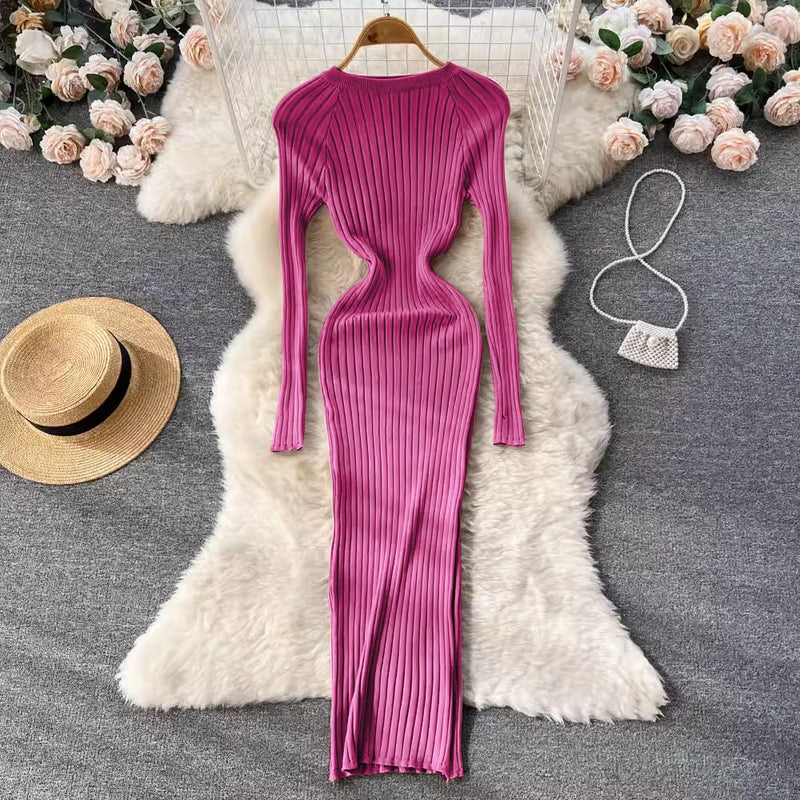 SINGREINY Winter Women Knit Maxi Dress O Neck Autumn Long Sleeve Slim Solid Harajuku Ladies Fashion Pencil Sweater Long Dresses