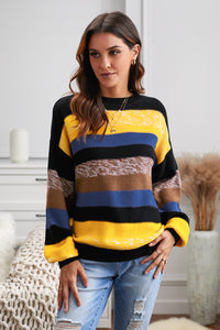 Multicolor Color Block Highlight Balloon Sleeve Sweater